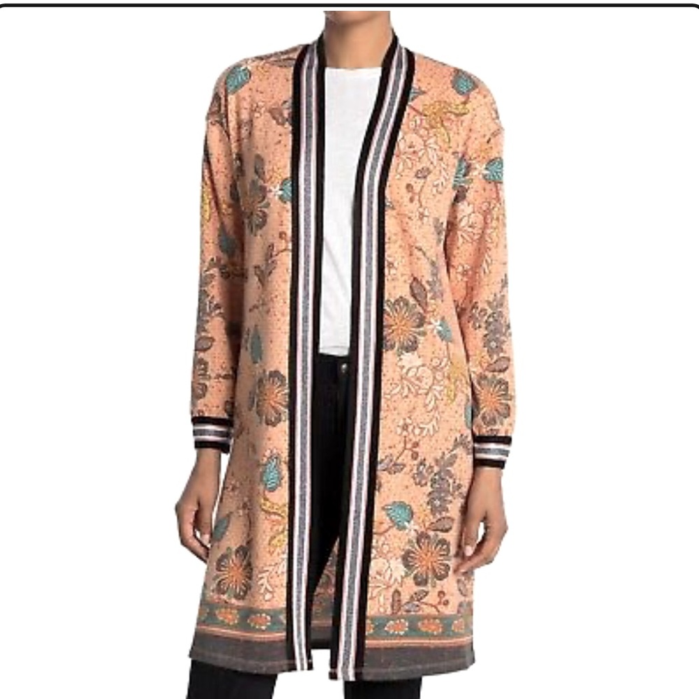 DR2 Peach Floral Long Cardigan with Black Trim